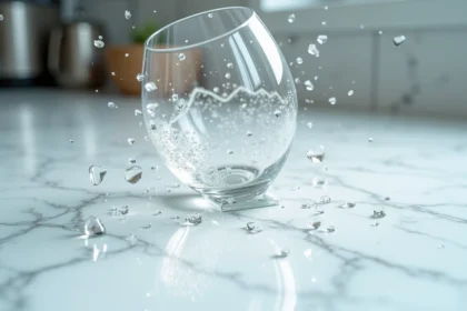 Verre blanc en train de se briser sur un comptoir en marbre blanc, éclats de verre suspendus en l'air au moment de l'impact