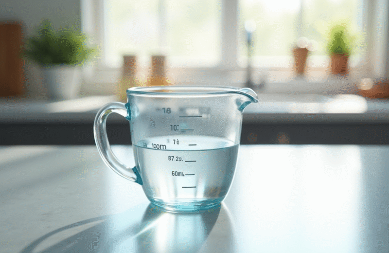 Verre mesureur rempli à 400 ml d'eau sur plan de travail lumineux
