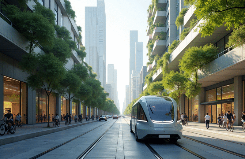 Rue animée d'une ville futuriste en 2050 avec véhicules électriques autonomes