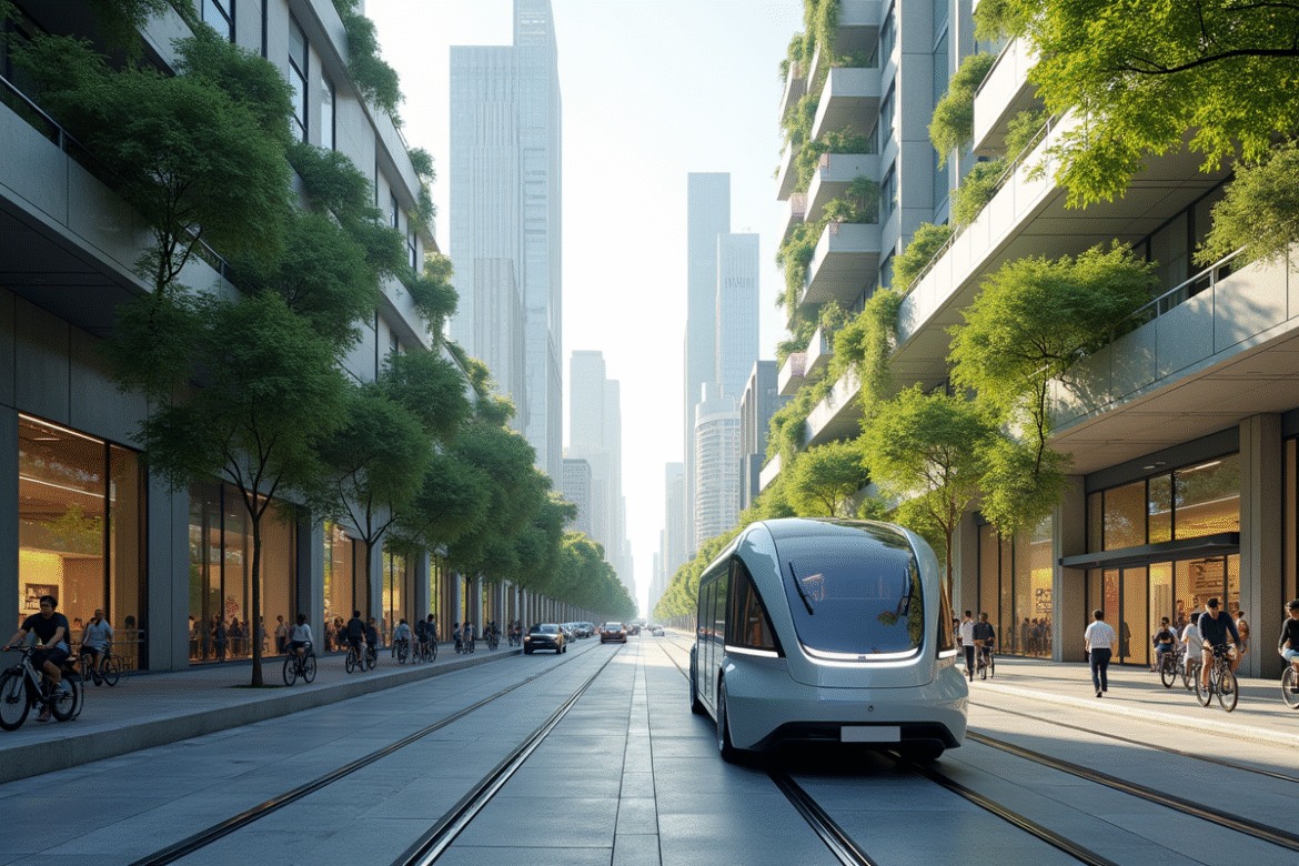 Rue animée d'une ville futuriste en 2050 avec véhicules électriques autonomes