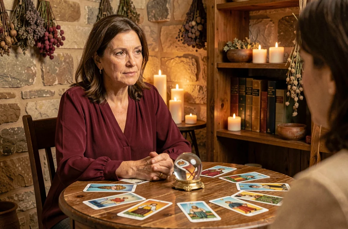 Voyante professionnelle lisant les cartes de tarot pour une cliente dans un cabinet mystique chaleureux