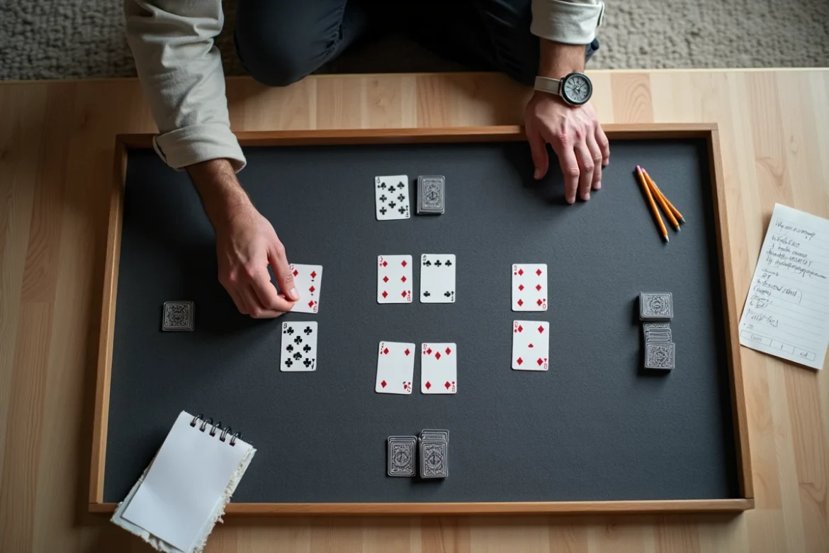 Vue en plongée d'une partie de crapette en cours avec cartes organisées sur un tapis de jeu et mains de joueur